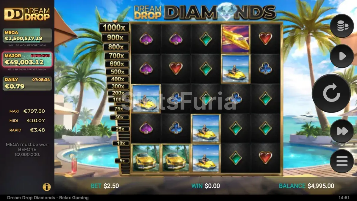 Segunda pantalla del juego base de Dream Drop Diamonds con giros activos
