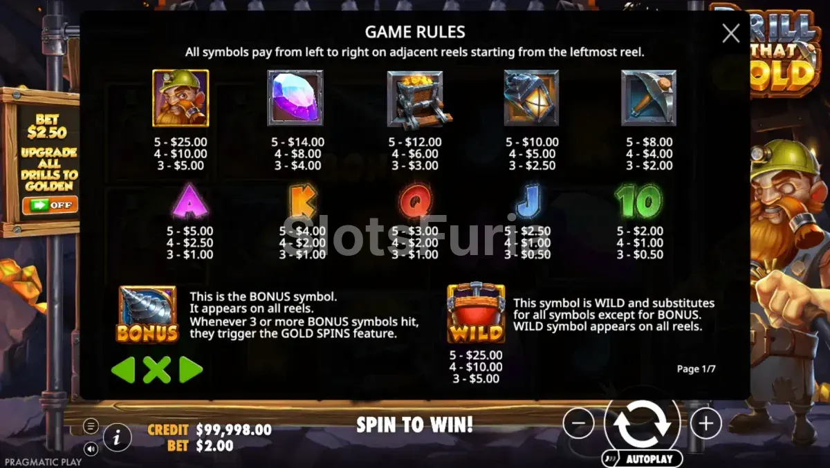 Tabla de pagos de Drill That Gold con los símbolos y premios