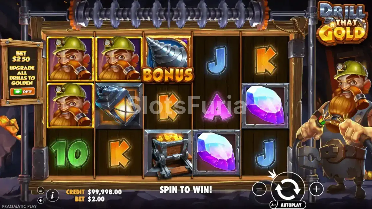 Pantalla principal de Drill That Gold con el panel de juego y el minero