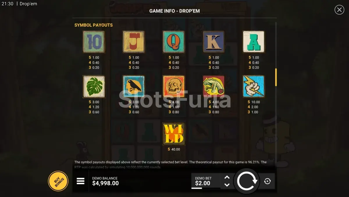Tabla de pagos de la slot Drop 'Em de Hacksaw Gaming