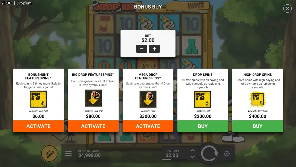 Menú de compra de bonos en Drop 'Em de Hacksaw Gaming