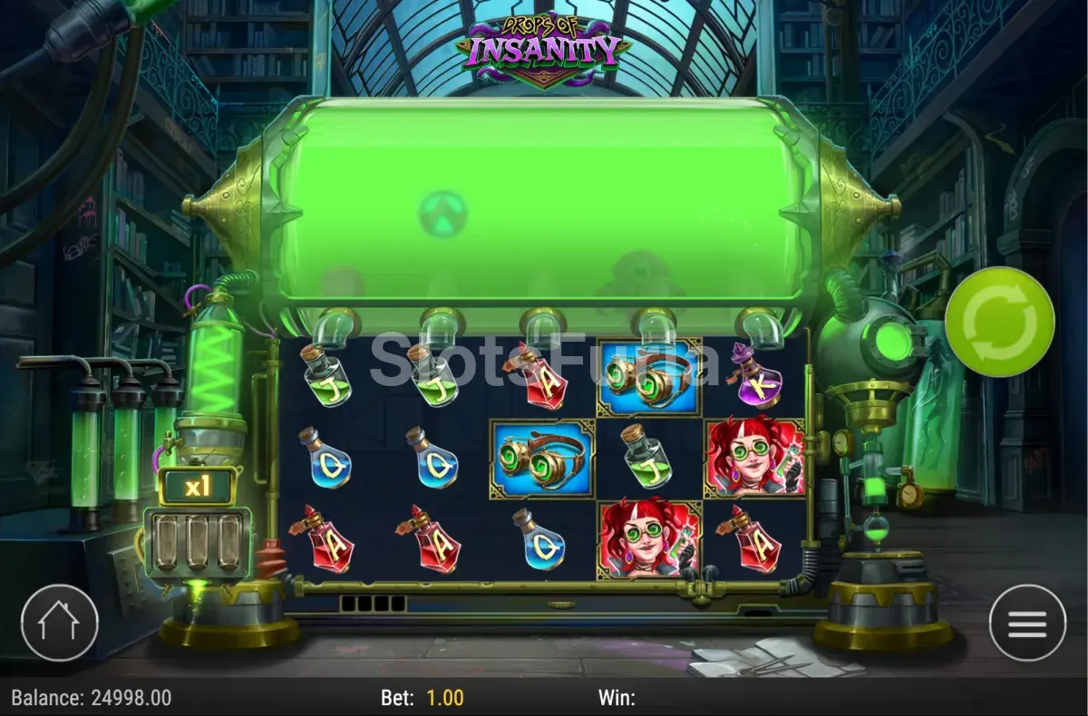 Cascada en el juego base de Drops of Insanity con símbolos cayendo