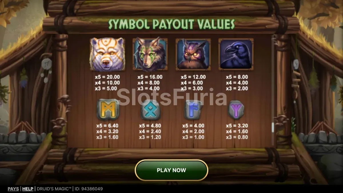 Tabla de pagos y símbolos de Druid's Magic