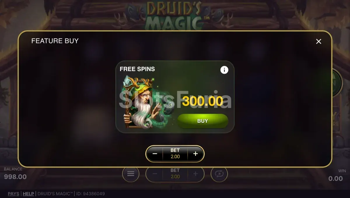 Pantalla de compra de bonus en Druid's Magic de NetEnt