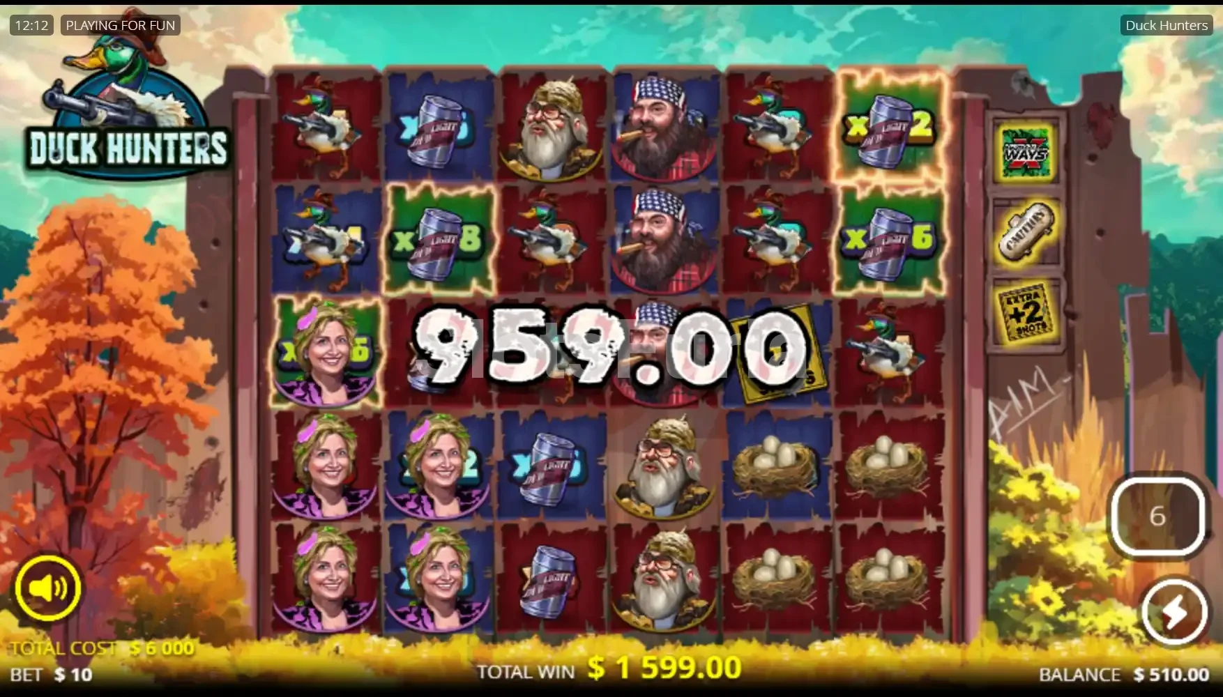 Pantalla de gran victoria en Duck Hunters de Nolimit City con multiplicador explosivo