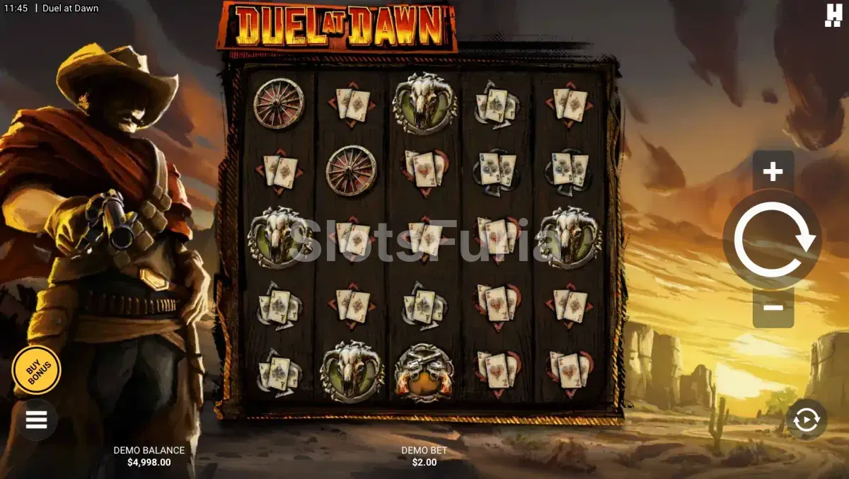 Pantalla principal de Duel At Dawn con el forajido apuntando al jugador