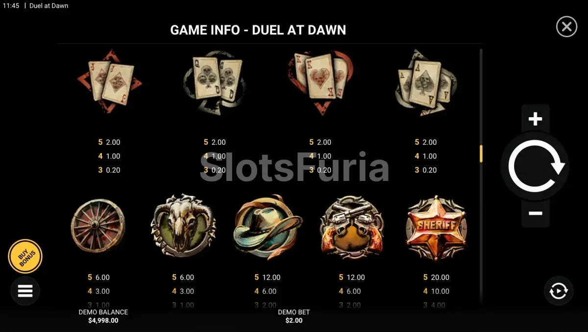 Tabla de pagos completa de la tragamonedas Duel At Dawn