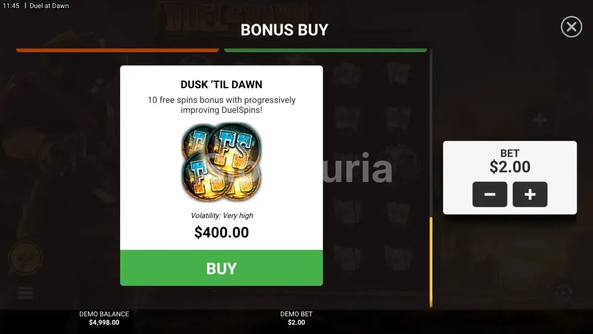 Menú de compra de bonos de Duel At Dawn con sus cinco opciones