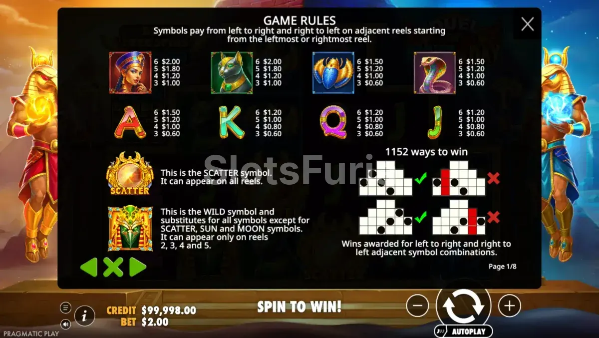 Tabla de pagos de Duel of Night & Day con los símbolos premium y royals