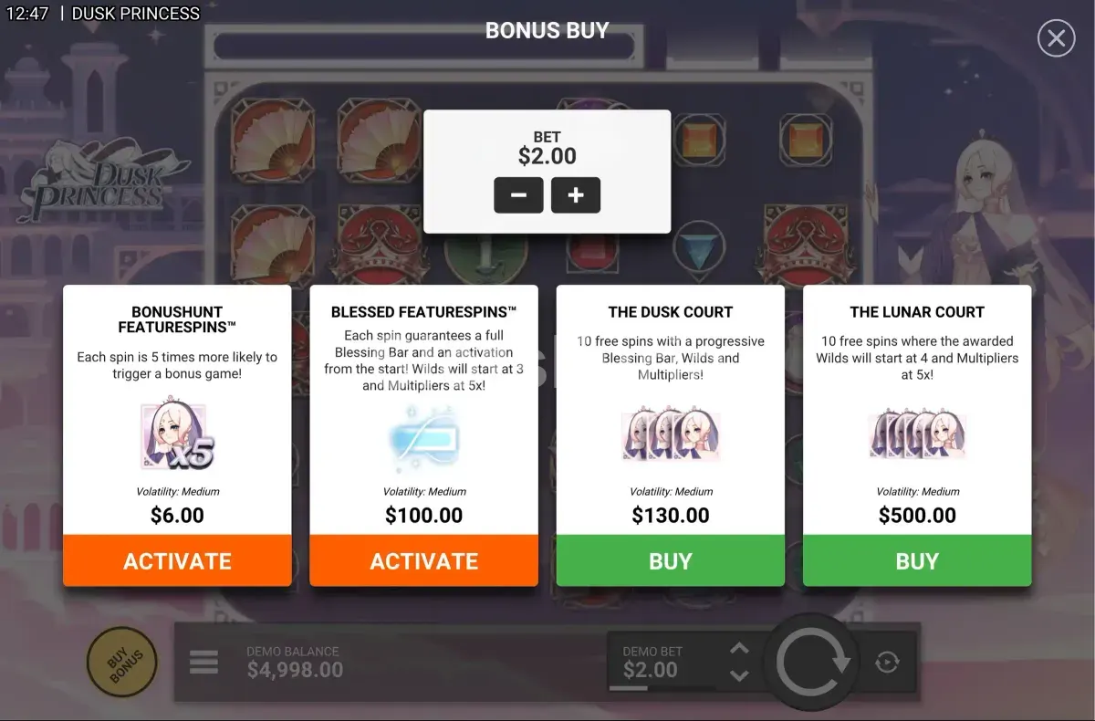 Menú de compra de bonus disponible en Dusk Princess