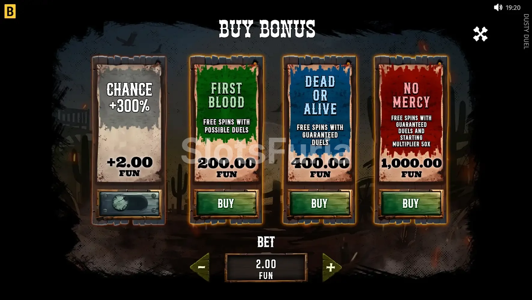 Menú de compra de bonus de Dusty Duel con las tres opciones disponibles