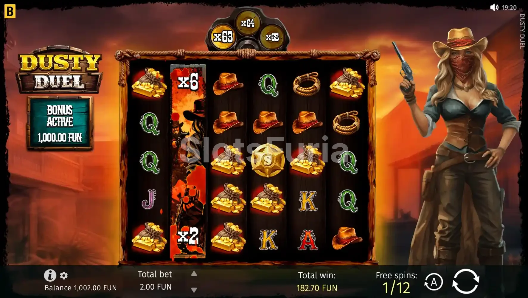 Modo Free Spins de Dusty Duel con el multiplicador persistente activo