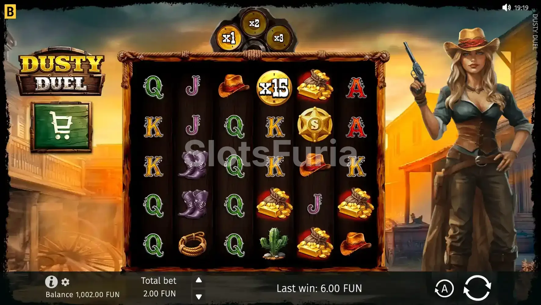 Pantalla principal del juego Dusty Duel con su cuadrícula de 6x5