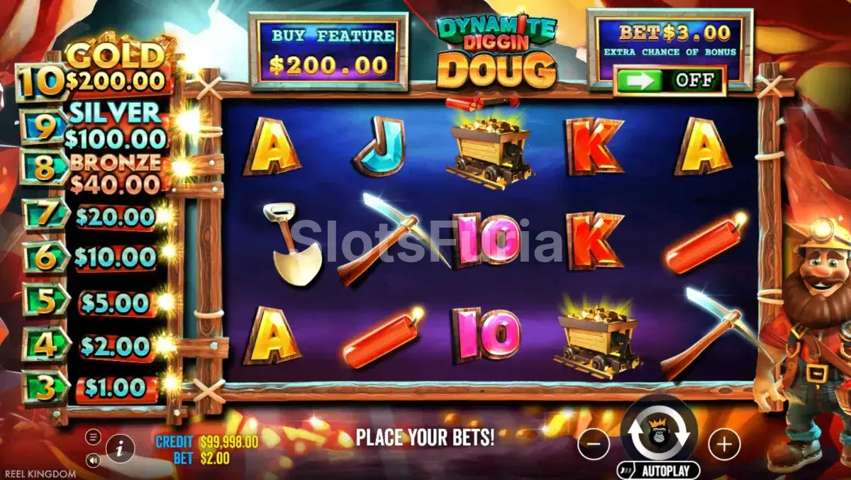 Pantalla principal del juego Dynamite Diggin Doug con la cuadrícula de 5 rouleaux