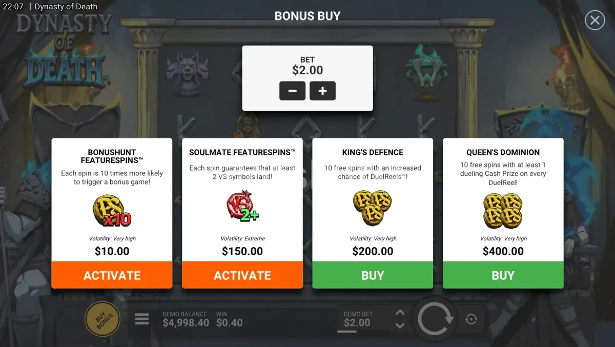 Interfaz de compra de bonos en Dynasty of Death de Hacksaw Gaming