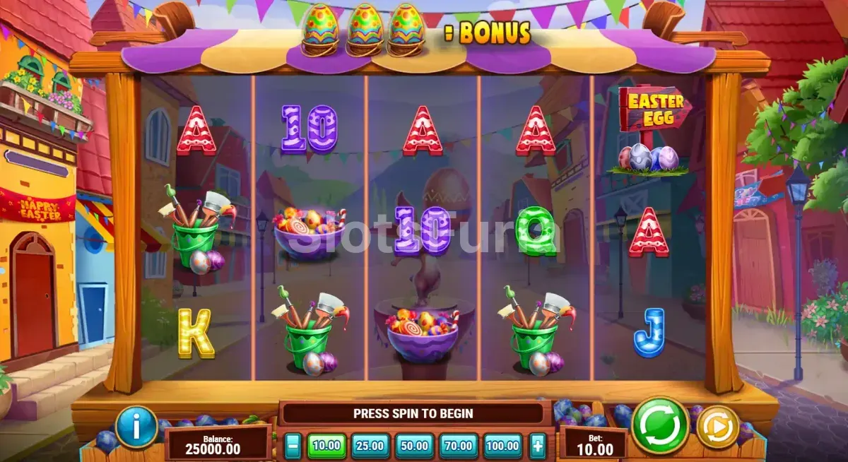 Pantalla principal de Easter Eggspedition con el pueblo empedrado y los personajes