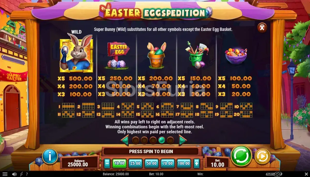 Tabla de pagos de Easter Eggspedition con símbolos y multiplicadores