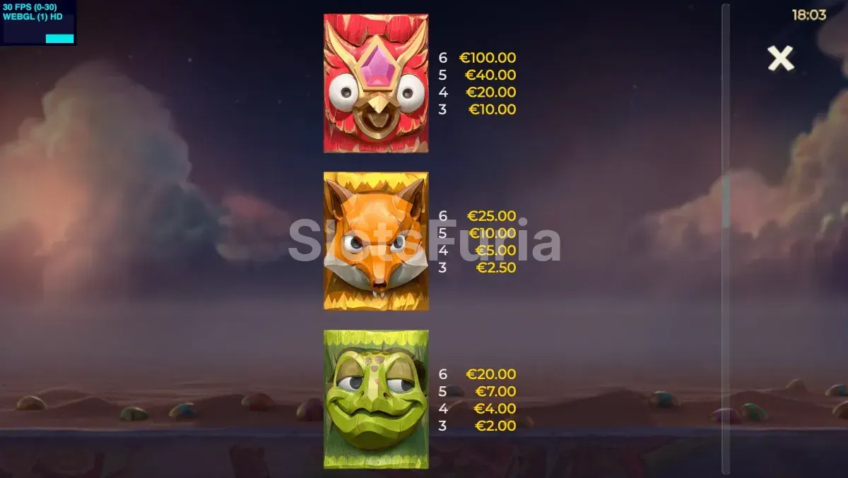 Tabla de pagos de Easter Island 2 con los símbolos y sus valores