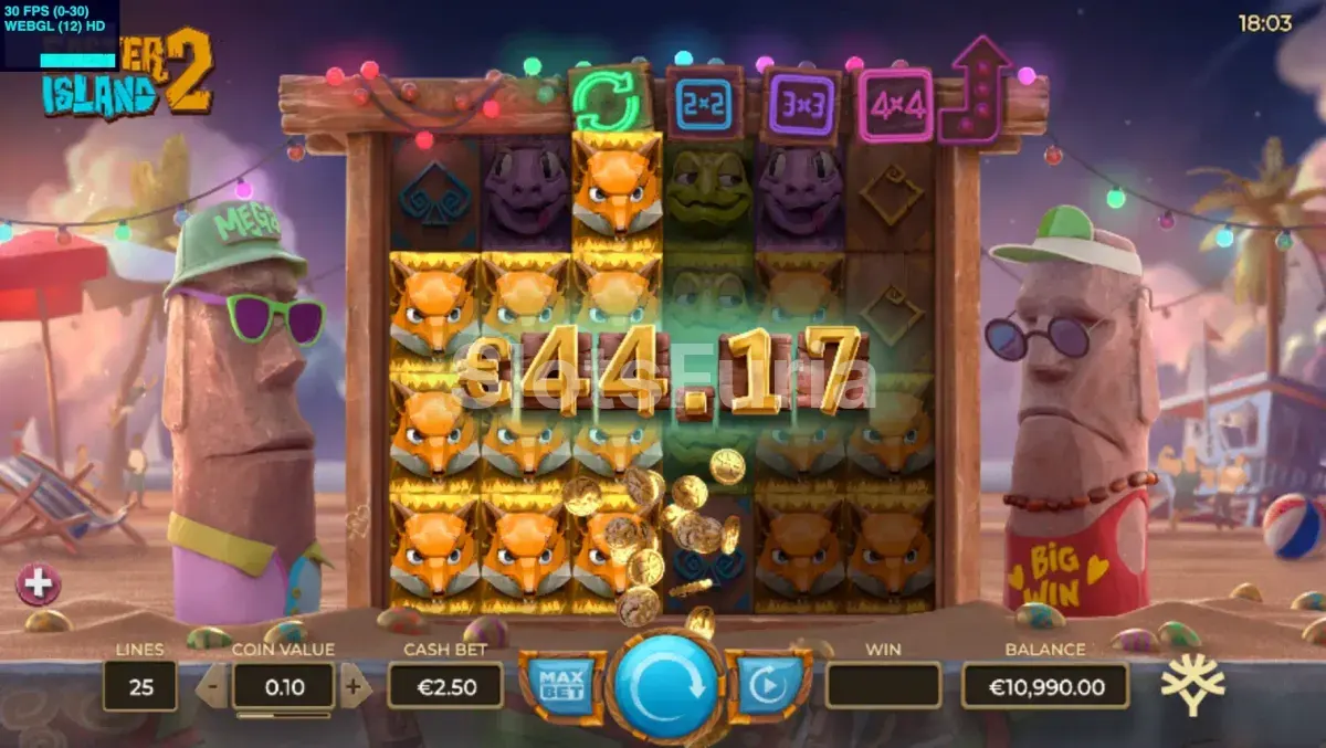 Gran victoria en Easter Island 2 con la pantalla de celebración de ganancias