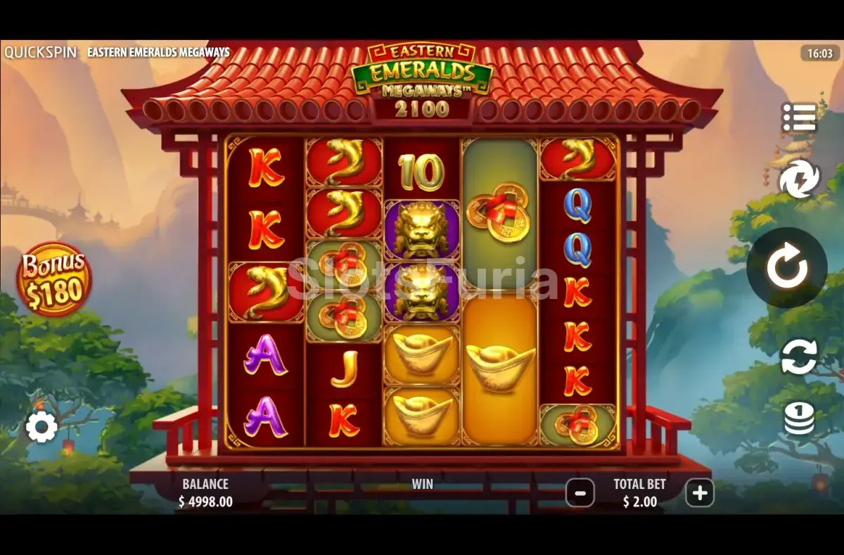 Pantalla principal del juego Eastern Emeralds Megaways en modo base
