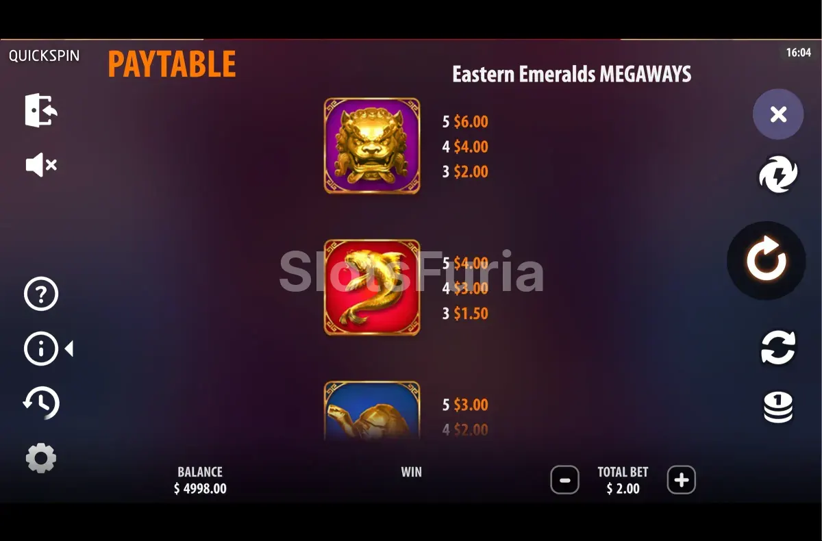 Tabla de pagos y símbolos de Eastern Emeralds Megaways
