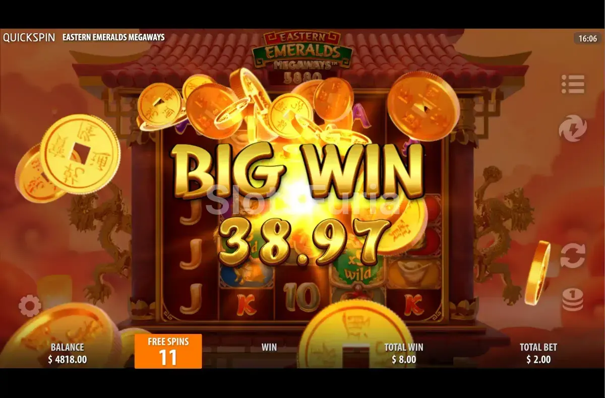 Gran victoria histórica en Eastern Emeralds Megaways con multiplicadores activos