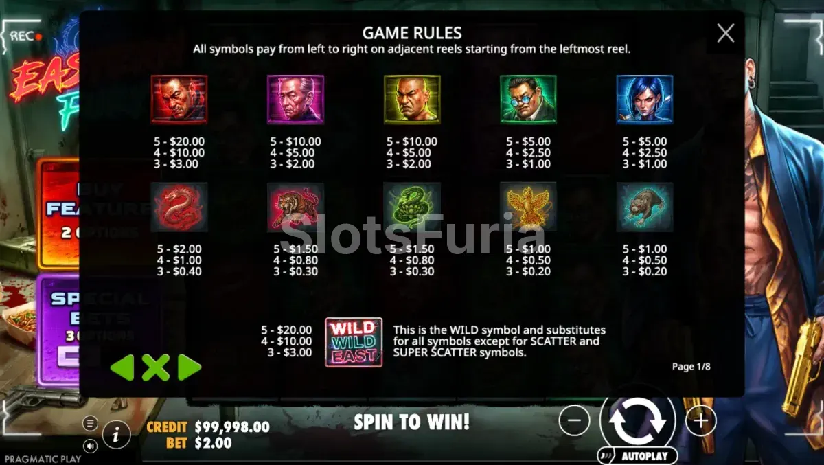 Tabla de pagos de Eastern Fury con animales y personajes