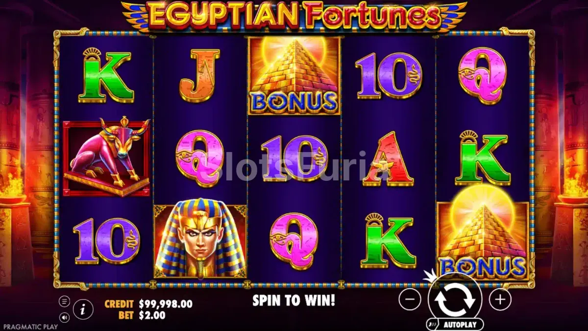 Pantalla principal del juego Egyptian Fortunes con los rodillos activos