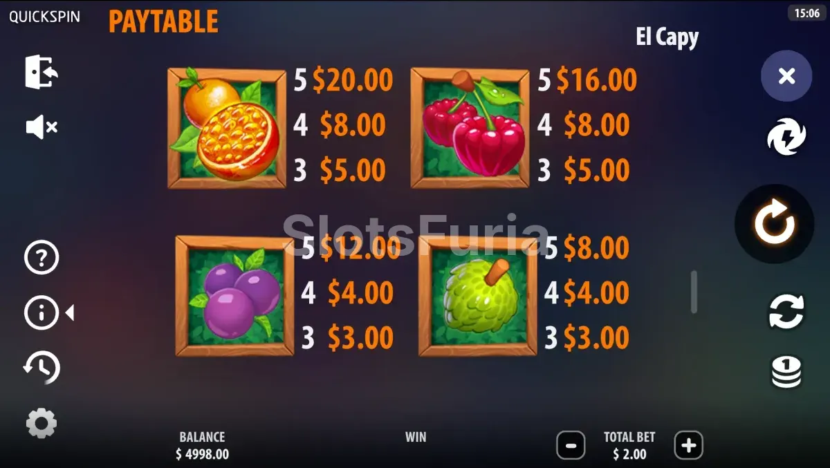 Tabla de pagos de El Capy con frutas y símbolos