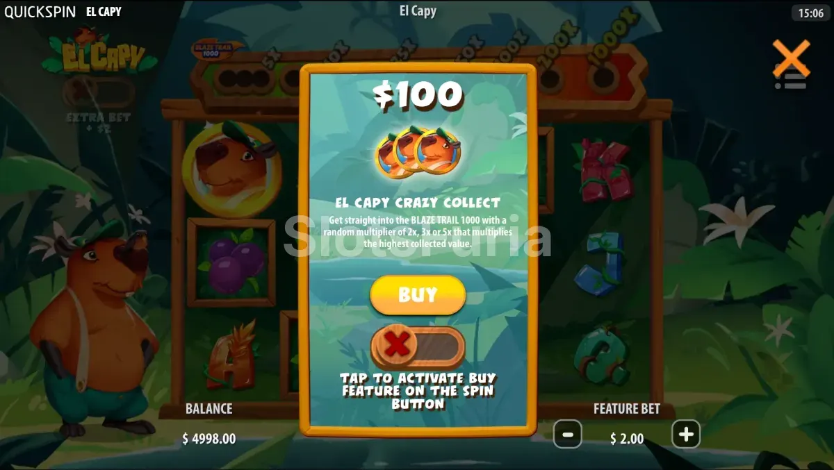 Pantalla de compra de bono en El Capy de Quickspin