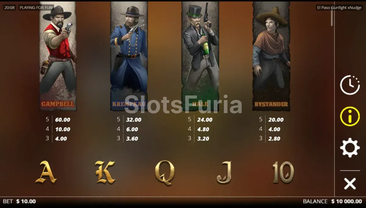Tabla de pagos de El Paso Gunfight xNudge mostrando símbolos y valores
