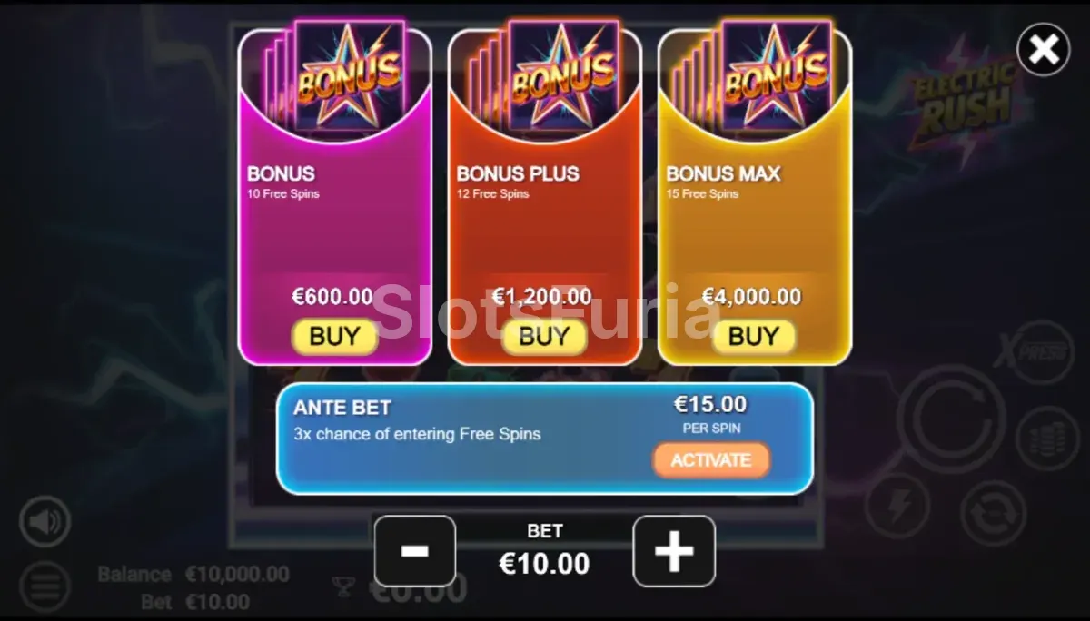 Pantalla de compra de bonos en Electric Rush con opciones disponibles