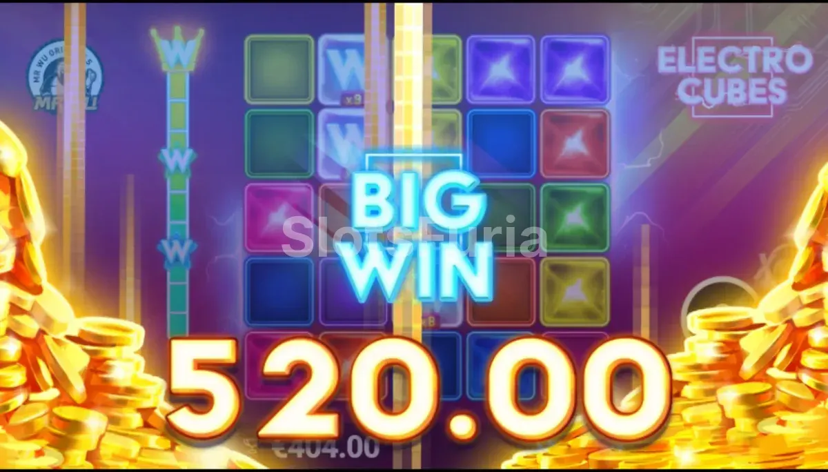 Gran victoria en Electro Cubes con la pantalla de big win iluminada