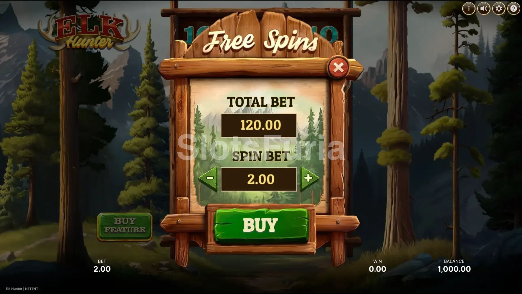 Pantalla de compra de bonus en Elk Hunter con precio y opciones