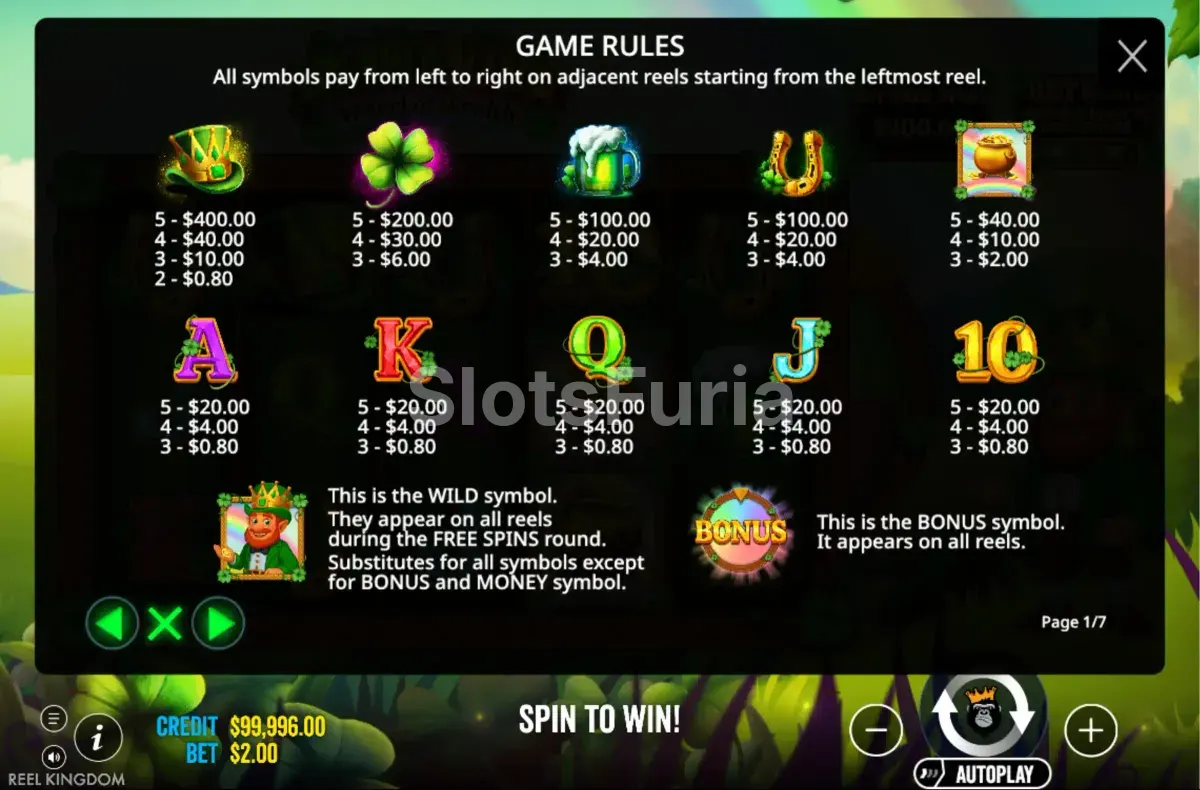 Tabla de pagos y símbolos de Emerald King Wheel of Wealth
