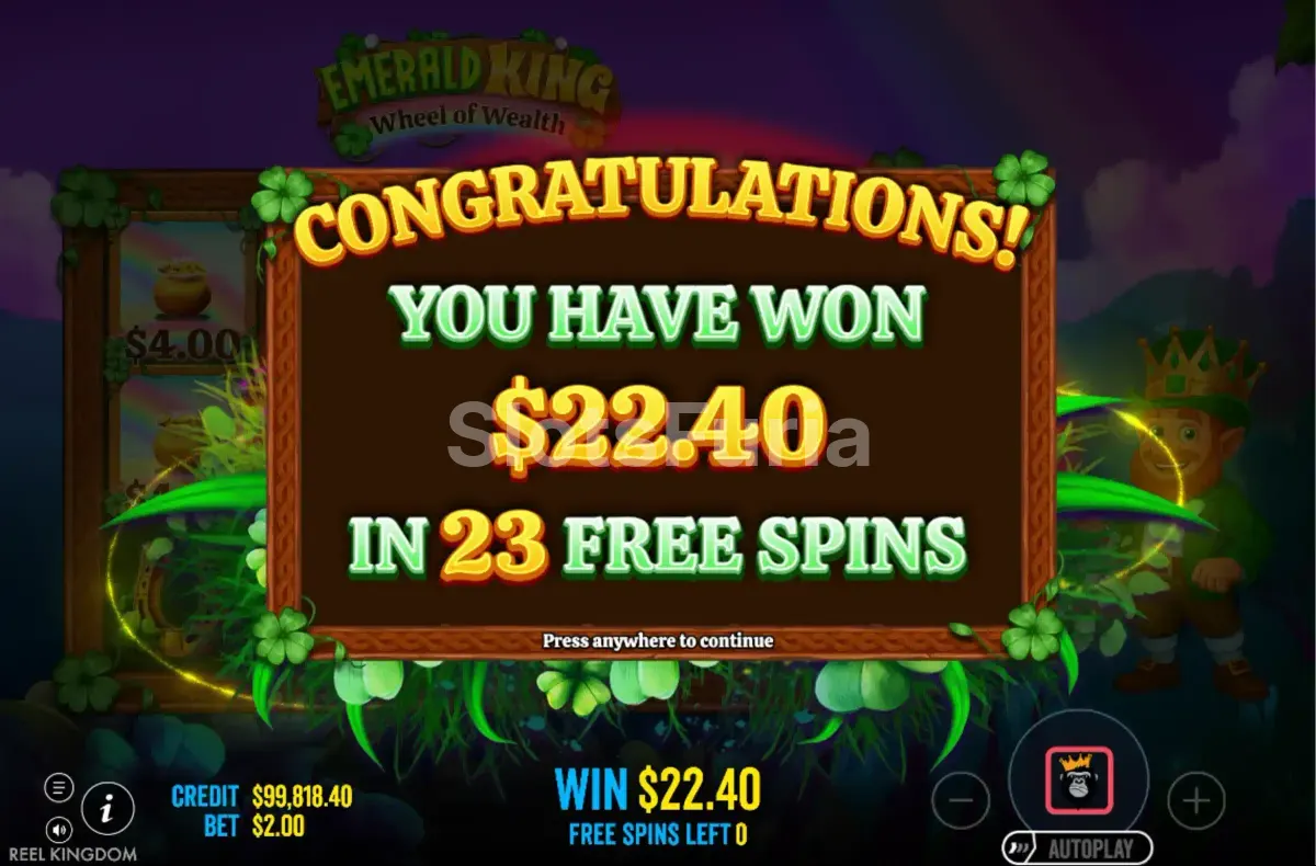 Pantalla de gran victoria en Emerald King Wheel of Wealth