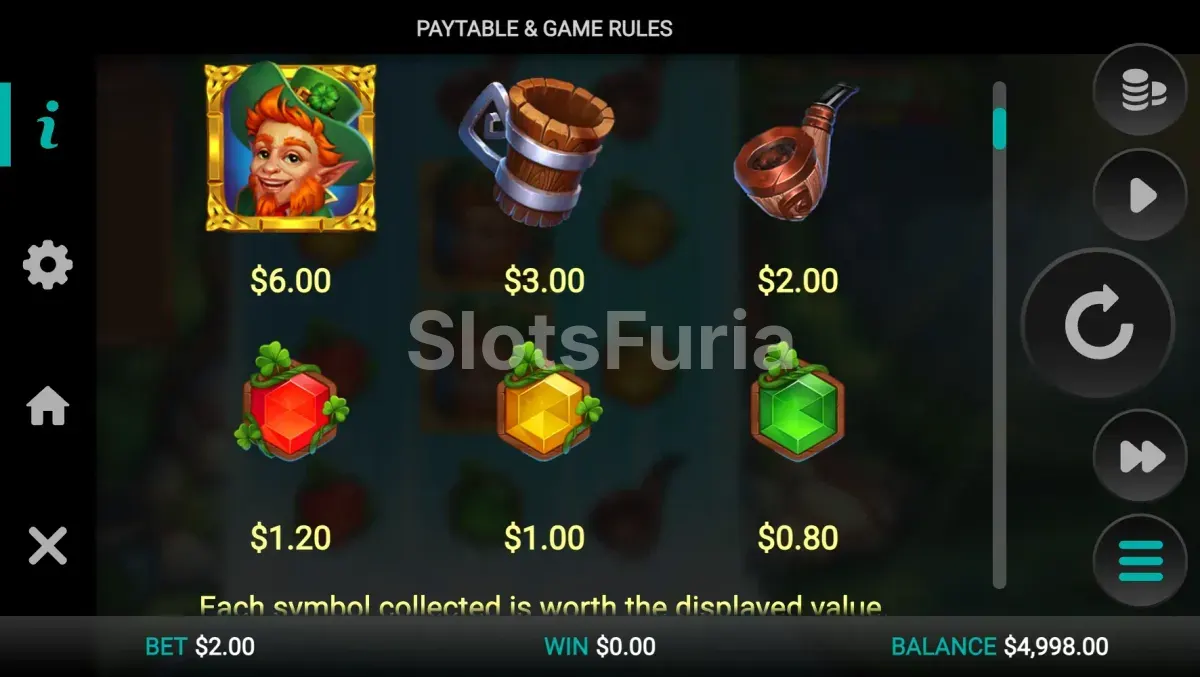 Tabla de pagos completa de Emerald's Infinity Reels mostrando los símbolos y sus valores