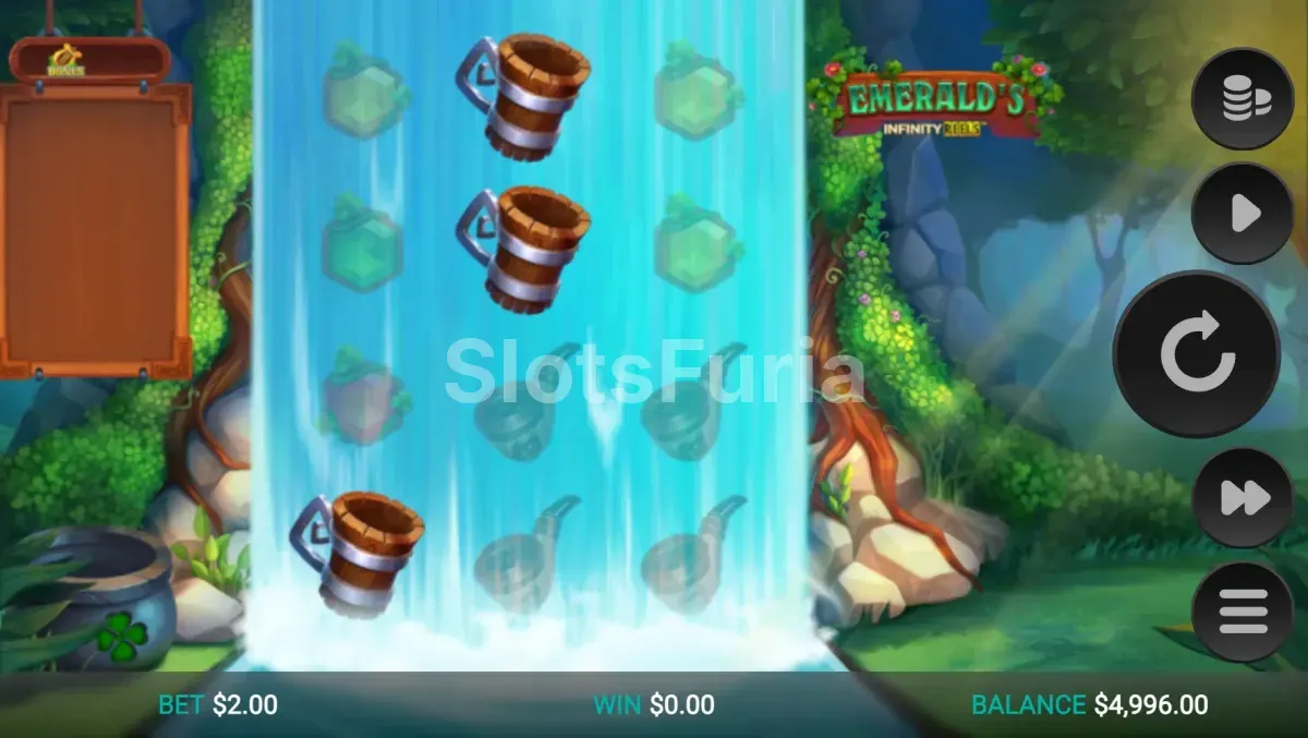 Segunda pantalla del juego base de Emerald's Infinity Reels con símbolos acumulándose en el contador