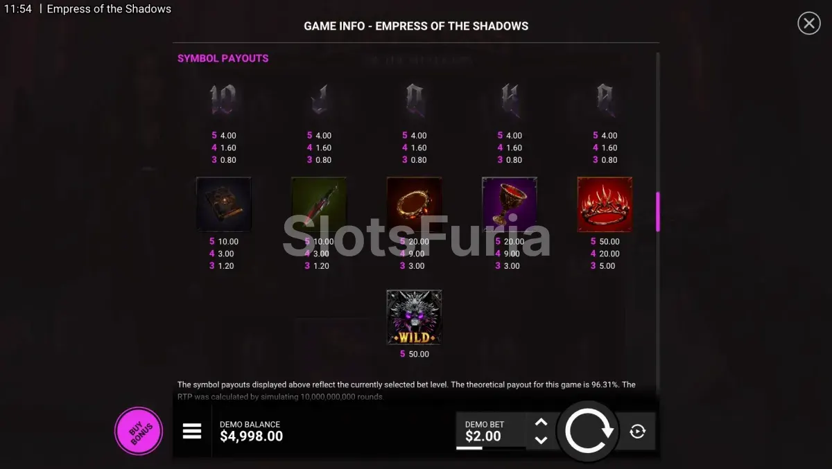 Tabla de pagos y símbolos de Empress of the Shadows