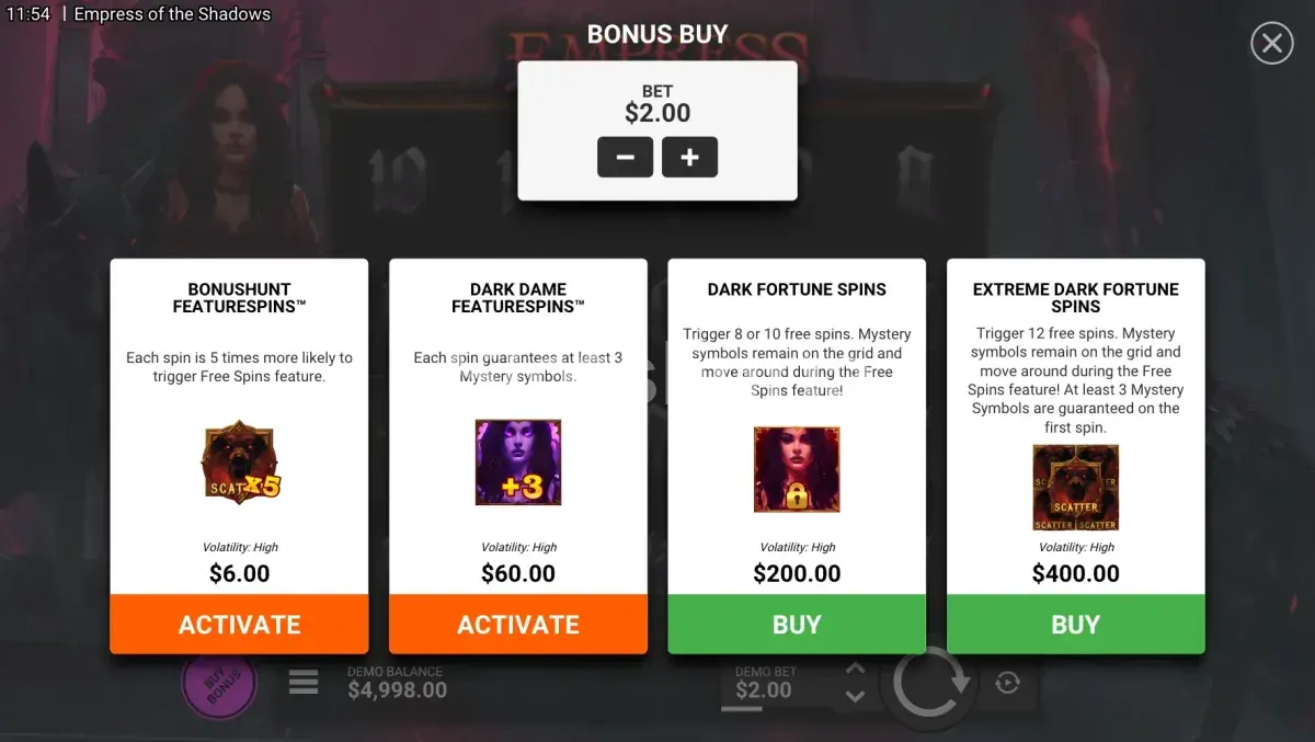Pantalla de compra de bonus en Empress of the Shadows