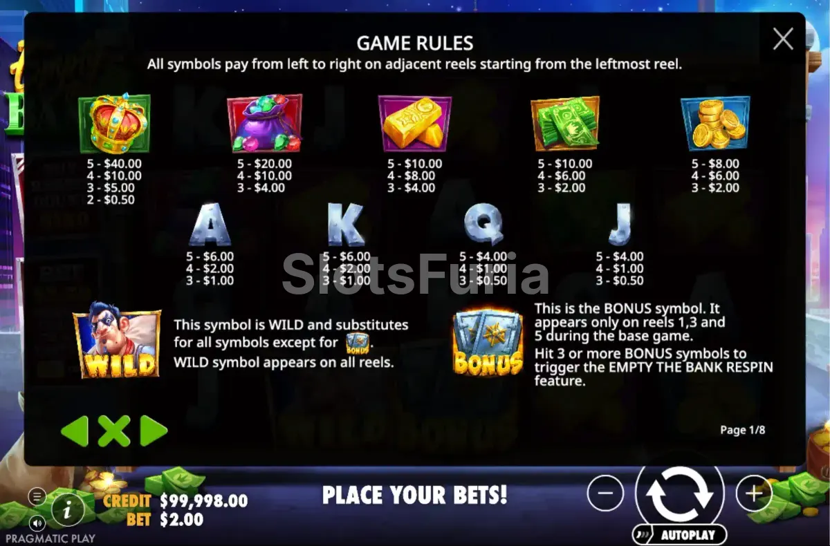 Tabla de pagos y símbolos de la slot Empty the Bank