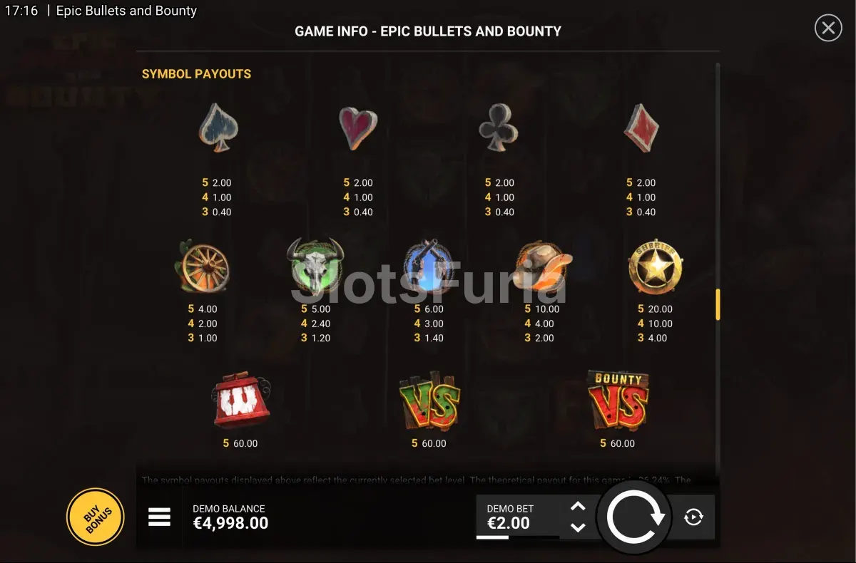 Tabla de pagos de Epic Bullets & Bounty con los valores de cada símbolo