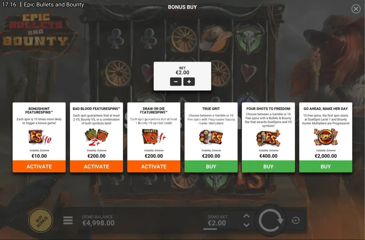 Pantalla de compra de bonus en Epic Bullets & Bounty de Hacksaw Gaming