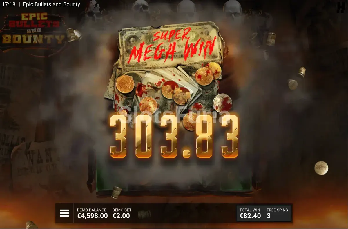Pantalla de gran victoria en Epic Bullets & Bounty con ganancias explosivas