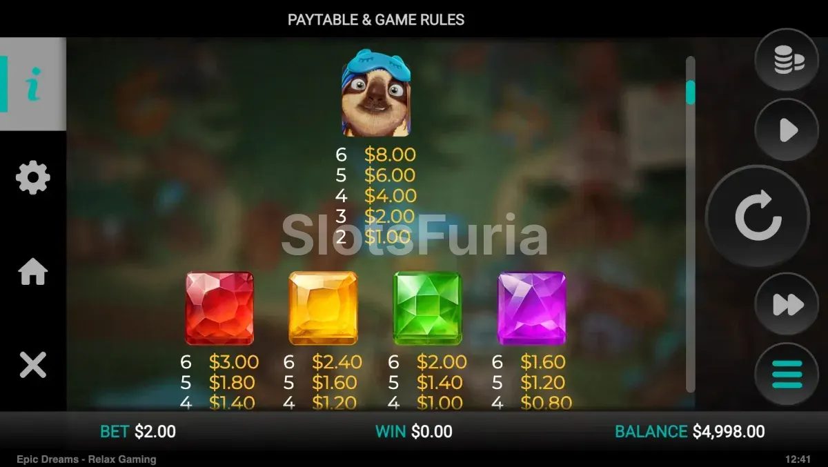 Tabla de pagos de Epic Dreams mostrando los símbolos y sus multiplicadores