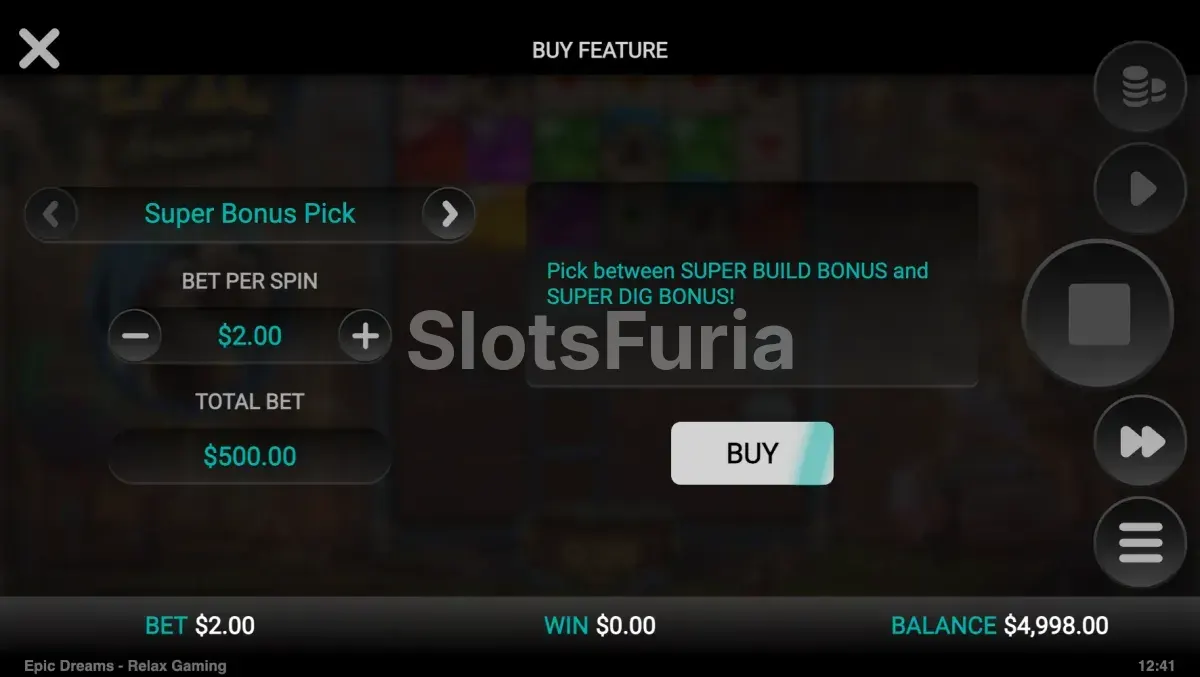 Pantalla de compra de bonos en Epic Dreams con las opciones disponibles