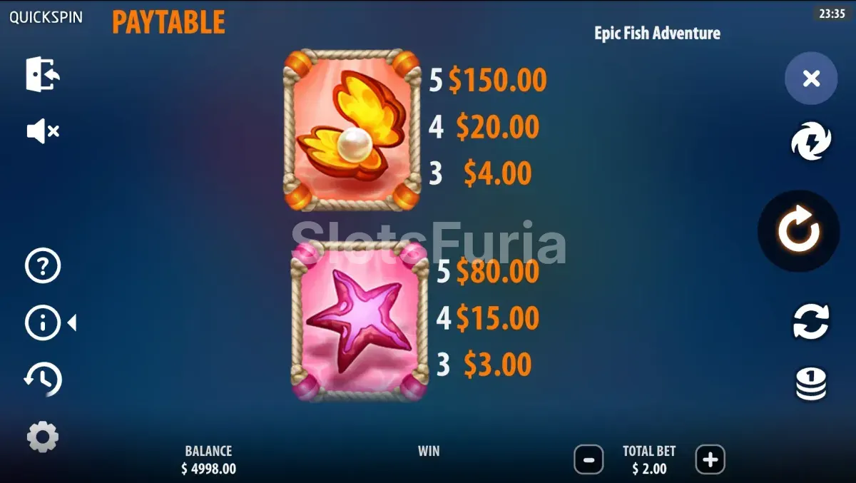 Tabla de pagos detallada de Epic Fish Adventure