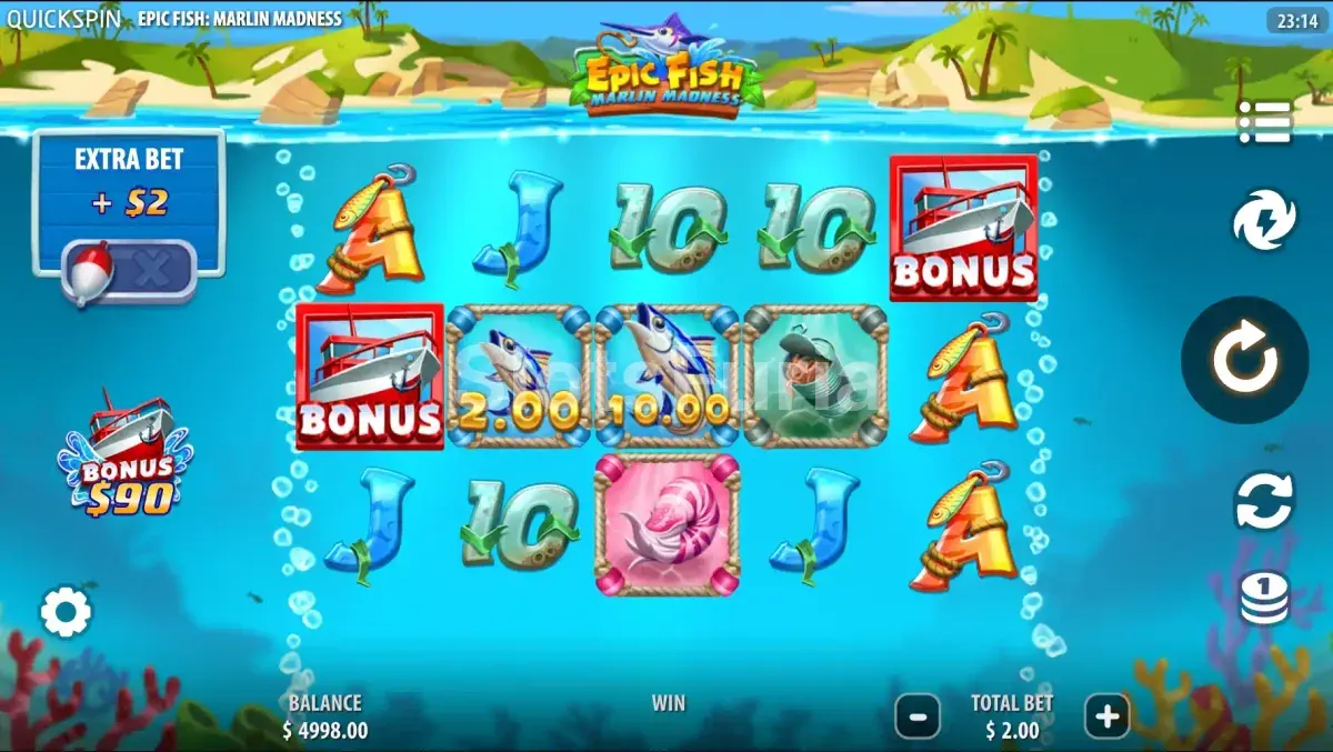 Pantalla principal del juego Epic Fish Marlin Madness con el fondo del Mar del Coral