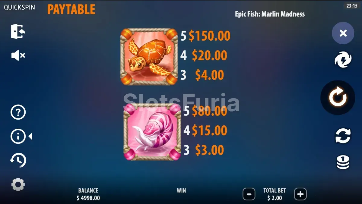 Tabla de pagos completa de Epic Fish Marlin Madness con todos los símbolos