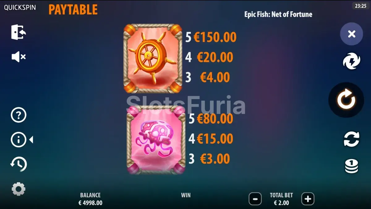 Tabla de pagos de Epic Fish Net of Fortune con todos los símbolos y sus valores